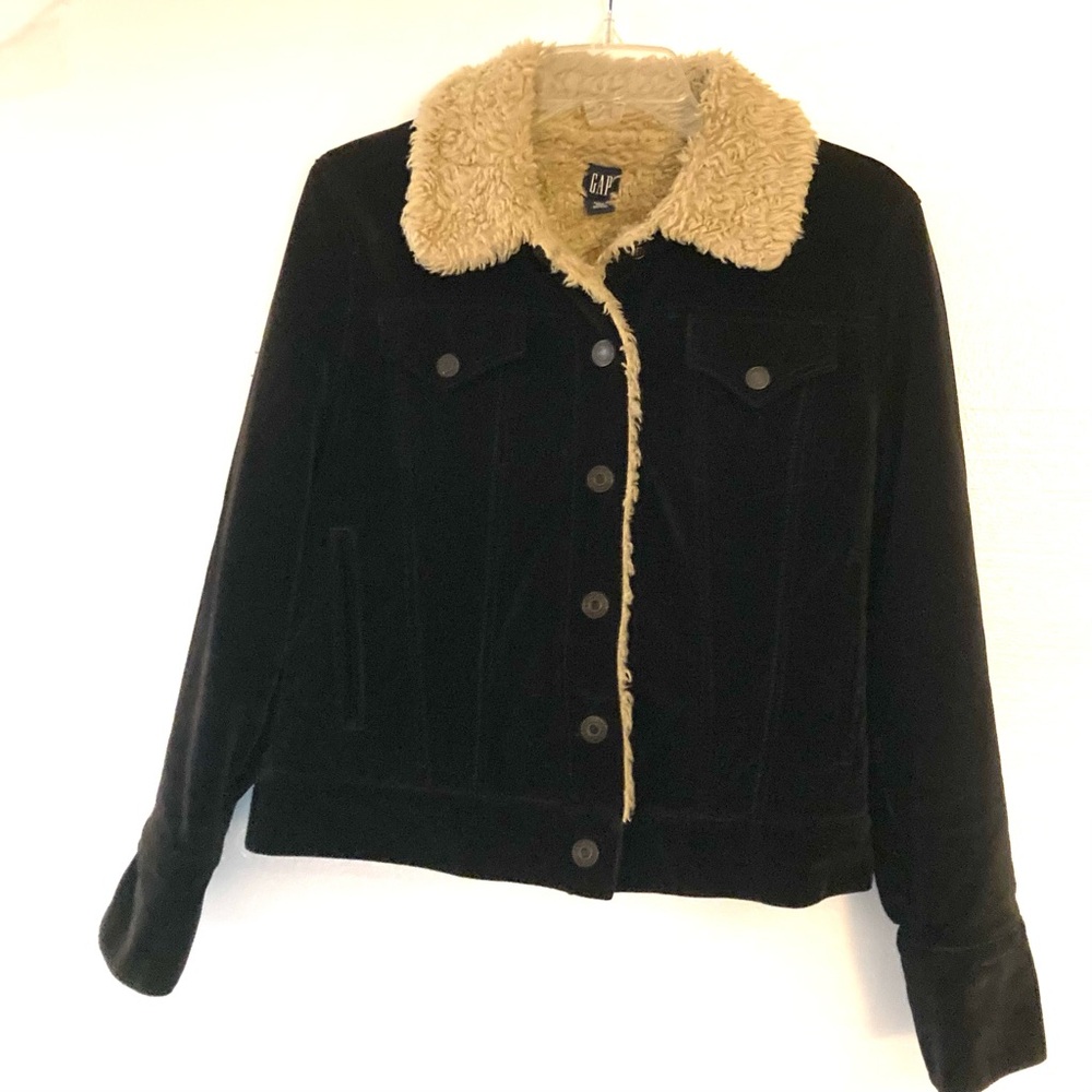 VTG Y2K Womens GAP Black Velvet Sherpa Lined Trucker Jacket Coat Small